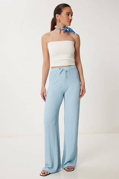 Lovelyİstanbul Textured Wide Leg Summer Knitted Trousers Sky Blue Lzv0009
