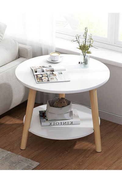 COOYA 2-Tier Round Side Table, with Wood Frame, Strong and Sturdy, for Living Room, Bedroom, white