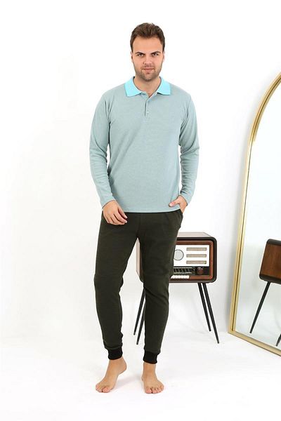 Celira Men's Polo Collar Long Sleeve Combed Cotton Pajama Set 6862 Water Green