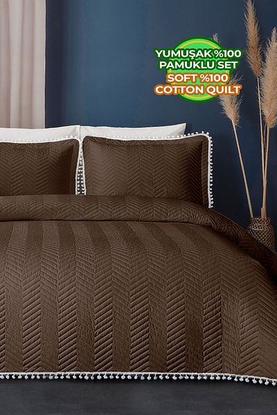 Evlen Home Collection Единичен комплект спално бельо с помпони, 100% памук - с пълнеж от фибри за всеки ден, тъмнокафяв