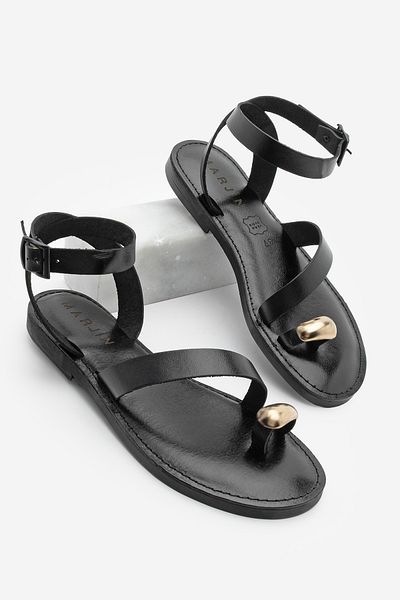 Marjin Women's Black Leather Buckle Ankle Strap Daily Sandals Rinat