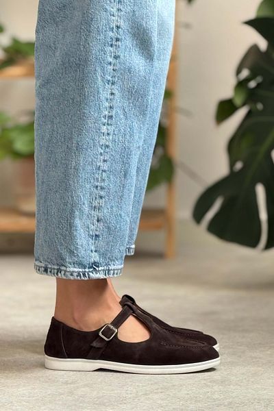 NİŞANTAŞI SHOES Дамски обувки Liva Brown от естествена велурена кожа с плоска подметка и детайл от колан