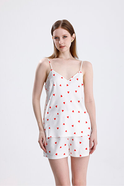 Laperissa Set de pantaloni scurți din satin cu bretele și imprimeu inimioare ...