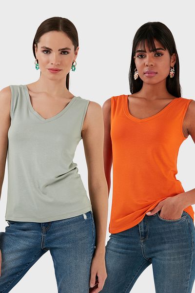 Lela Slim Fit V-Neck Thick Strap 2'Li Package Blouse Bluz 5864384S2