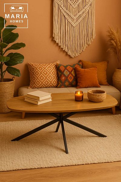 MARIA HOMES Modern Center Table 130x70x45cm – Oval Wood Surface with Black Metal Legs for Living Room Decor