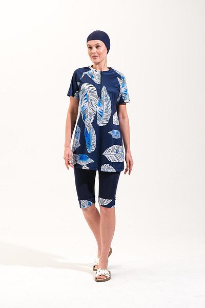 Plistre 2256_Zipper Short Sleeve Leaf Patterned 4-Piece Suit Semi-Closed Hijab Sea/Pool Swimsuit