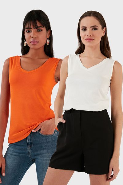 Lela Slim Fit V-Neck Thick Strap 2'Li Package Blouse Bluz 5864384S2