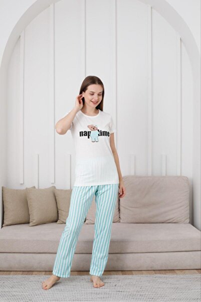 Huq Moda Women's Naptime Printed Blue Striped Short Sleeve Six Long Combed Cotton Fabric Summer Pajamas Set