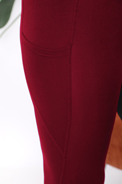 BANEGA Curve Women's Plus Size Burgundy High Waist Gathering Double Pocket Below Knee Capri Leggings Capri