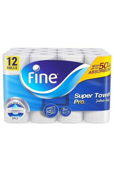 FINE Super Towel Pro, Highly Absorbent, Sterilized 3 Ply 60 Sheets (Pack Of 12)