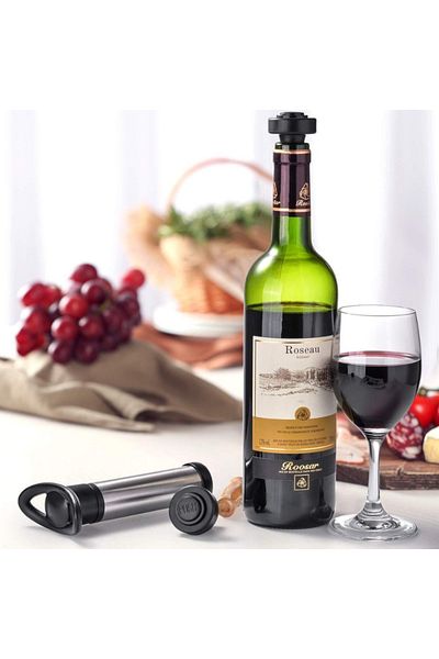 OEM Vacuum pump, for wine, with 2 stoppers, silver and black, steel, ABS, easy to use and store