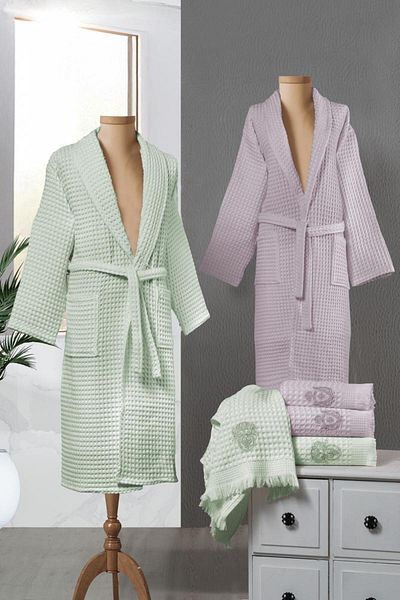 Stylish Home SET HALATE PENTRU 2 PERSOANE WAFLE - 6pcs -LIGHT GREEN/POWDER PINK