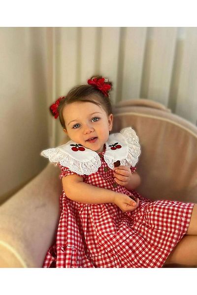 Serackids Piti Cherry Short Sleeve Girl's Checked Scallop Embroidered Cotton Red Cherry Dress Cherry Dress