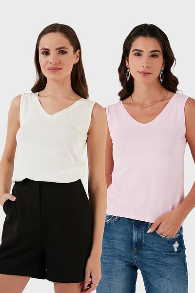 Lela Slim Fit V-Neck Thick Strap 2'Li Package Blouse Bluz 5864384S2