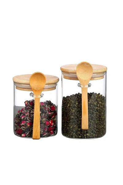 Qerhome 2-Piece Bamboo Lid Glass Spice Set with Spoon 250 ml - 450 ml