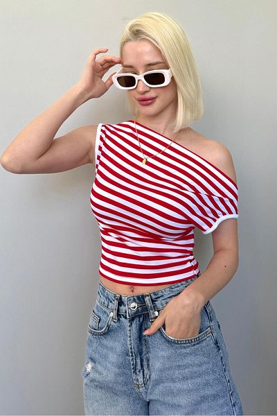 Seeh Red Off Shoulder Striped T-Shirt Sh235