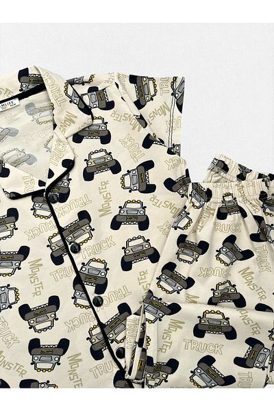 seamlife Boy's 100% Cotton Ecru Jip Car Patterned Shirt Collar Buttoned Short Sleeve Summer Pajama Set