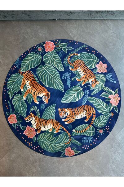 Rugs Modern Halı Paris Collection Round Leaf Detailed Tigers Woven Base Modern Decorative Rug Paris02