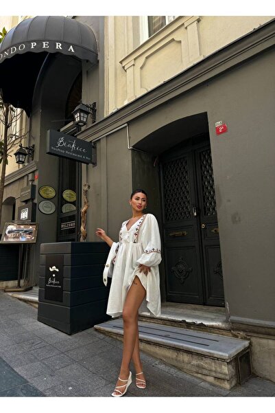 LB Laluna Butik Kadın Nakış Detaylı Keten Elbise
