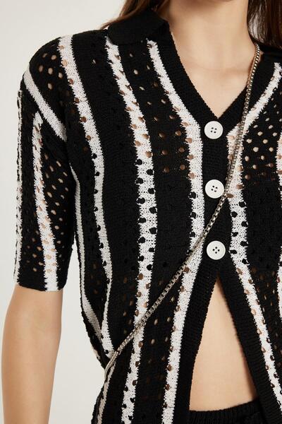 Tudors Women's Standard Fit Short Sleeve V Neck Button Knitted Detail Striped Suit