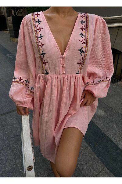 LB Laluna Butik Women's Embroidery Detailed Linen Dress