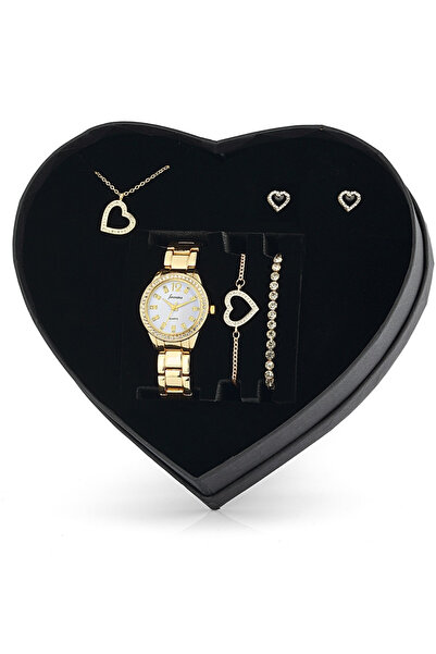 Forentina Kadın Kalpli Kolye Küpe Bileklik Set - Saat Hediyeli - Ps0520
