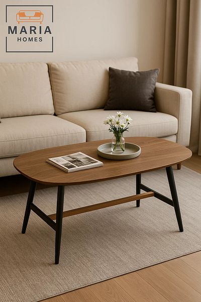 MARIA HOMES Wooden Center Table 120x60x45cm – Oval Coffee Table with Black Metal Legs for Living Room