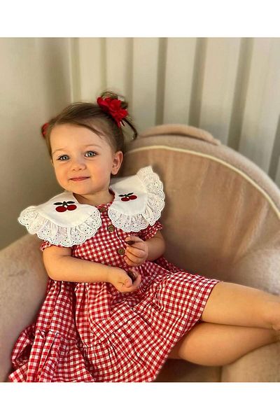Serackids Piti Cherry Short Sleeve Girl's Checked Scallop Embroidered Cotton Red Cherry Dress Cherry Dress