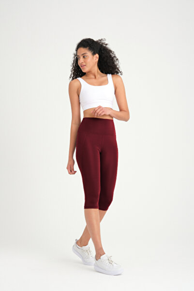 BANEGA Women's Burgundy High Waist Recovery Double Pocket Below Knee Capri Leggings Capri