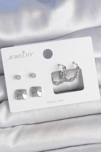 callerrons accessories Brass Silver Color Zircon Stone Twist Ring Model Square Detail 3 Pair Women Earrings Set - Ebj250522W34223