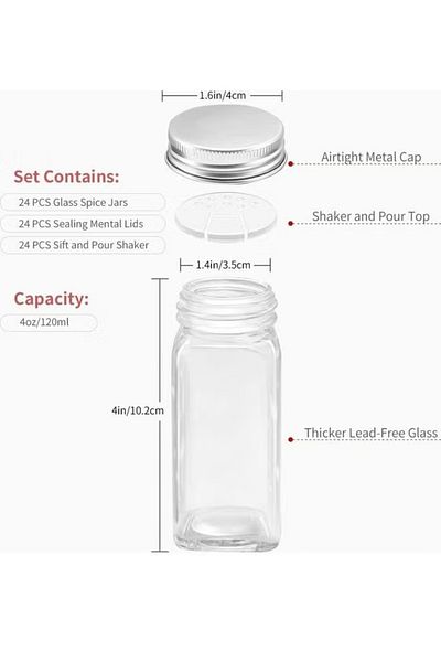 Allin 24-Piece Glass Spice Jar Set with Accessories Multicolor 120ml, Spice Organizer, Spice Jars