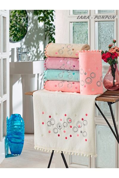 Beğenal Set of 6 Velvet Pompom (Lara) Embroidered Hand-Face Towels (50 X 90 cm)