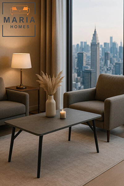 MARIA HOMES Modern Center Table 120x60x45cm – Grey Stone Finish Top with Black Metal Legs for Living Room