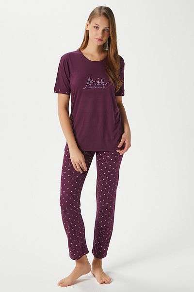 Ritnice Women's Magic Viscose Crew Neck Short Sleeve Plum Bottom Top Pajama Set
