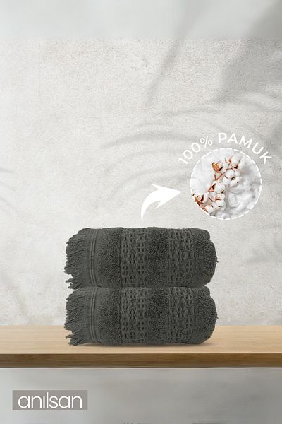 Anılsan 2 Pack Noor Anthracite Hand Towels - 50X70 Cm, 225 Gr, 100% Cotton, Spa and Hotel Towels, Daily Use