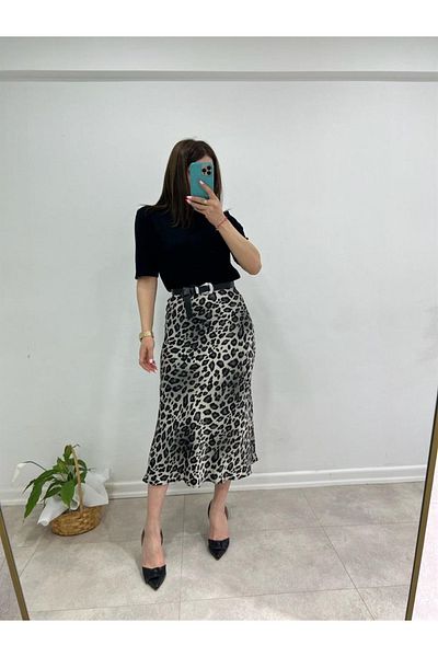 solena sln Women's Leopard Patterned Satin Midi Length Skirt - Burgundy and Gray - Slim Fit