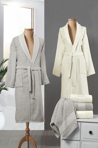 Stylish Home SET HALATE PENTRU 2 PERSOANE CONTRASLI -6pcs-GRAY/CREAM