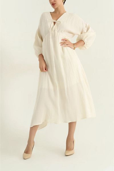 gmbutikk Ekru Long Sleeve Lace Detailed Dress Long Dress