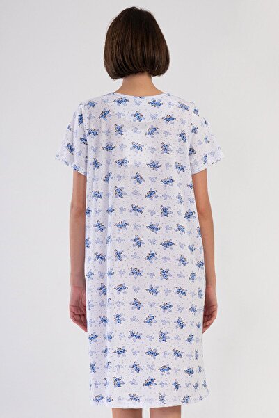 VİENETTA Women's Large Size Short Sleeve Blue Nightgown 100% Cotton C5T8N7O161