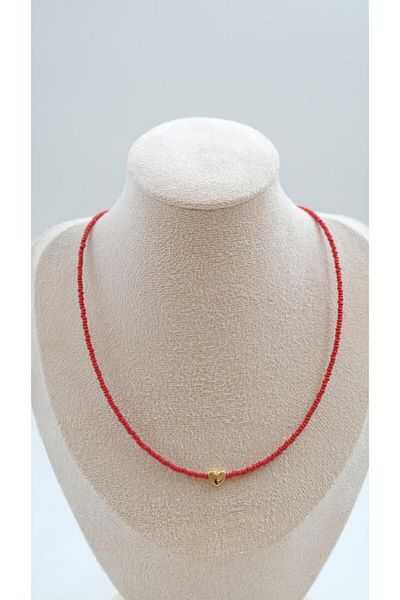 Jerie Gold Mini Heart Detailed Red Bead Necklace