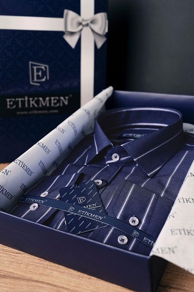 Etikmen Navy Blue White Striped Slimfit Men's Shirt with Gift Box