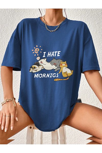 Modern Moda I Hate Mornings Cute Cats Printed Oversize T-shirt