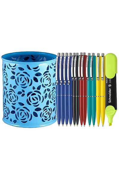 SCHNEIDER Office Premium Set-12 Schneider Pens with Retractable Tip, Blue Metal Holder and Textmarker