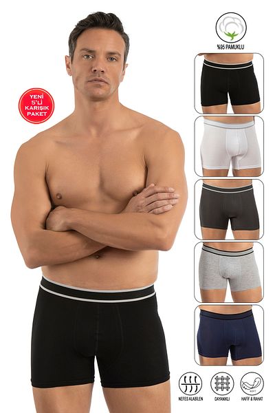 ÖZKAN underwear Özkan 11226 5 Pack Men's 95% Cotton Lycra Single Jersey Fabric Mixed Color Flexible Comfortable Boxer Shorts