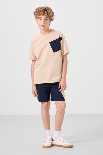TOMMY LIFE Μπεζ-Μπλε βαμβακερό Oversize Fit Υφαντό ελαφρύ εύκαμπτο σορτς Chino Boy - 11275