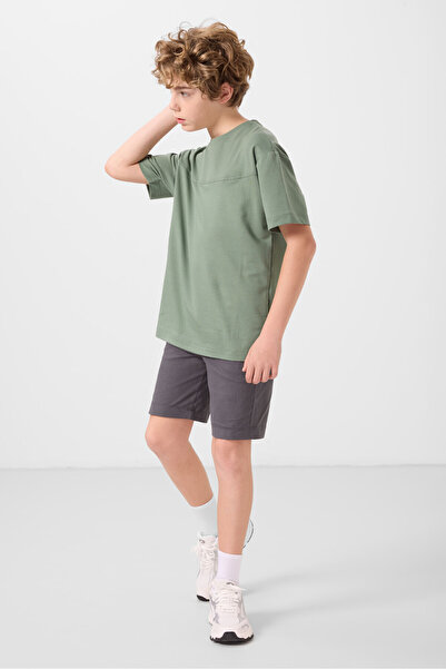 TOMMY LIFE Light Green-Anthracite Cotton Oversize Fit Woven Lightweight Flexible Chino Boy Shorts Suit - 11279