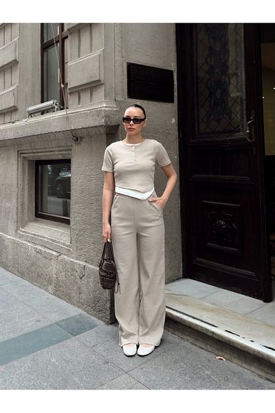 KAZAX Button Collar Beige Bottom Top Set S3943