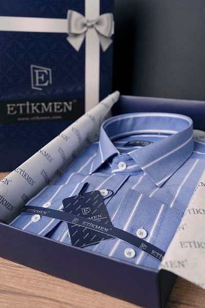 Etikmen Modrá a bílá pruhovaná košile slimfit s dárkovou krabičkou