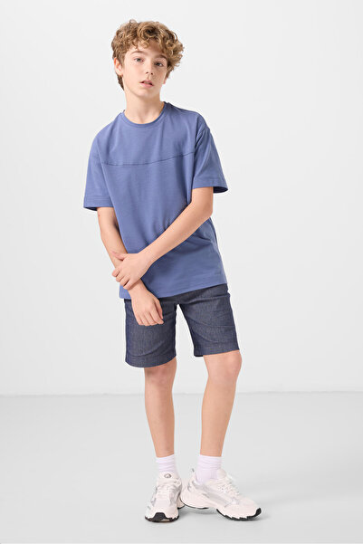 TOMMY LIFE Dark Blue-Denim Navy Blue Cotton Oversize Fit Woven Light Stretch Chino Boy's Shorts Suit - 11279