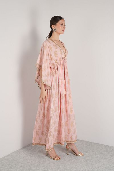 NAVAJO Maxi Dress - Salmon Wide Sleeve Lined – 100% Cotton – Standard Size (36-44)